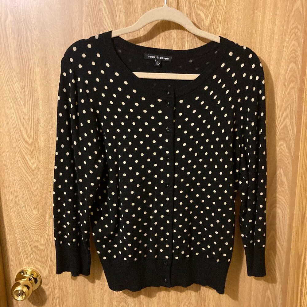 #92Cable and Gauge Black with Tan Polka Dots Cardigan, Size Medium